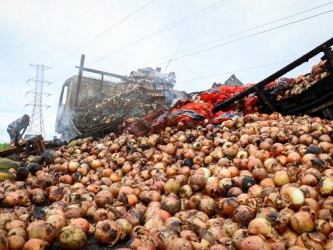 Caminhão carregado com 19 toneladas de frutas e legumes pega fogo na BR-262
