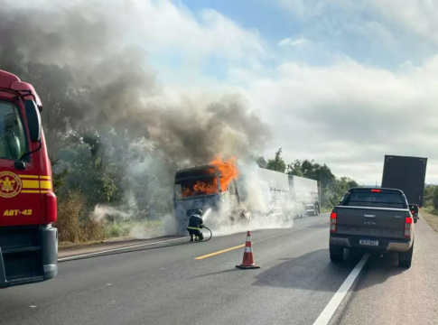 Carreta carregada com feijão é destruída pelo fogo na BR-163