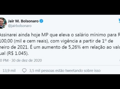 Bolsonaro anuncia aumento do salário mínimo para R $ 1.100