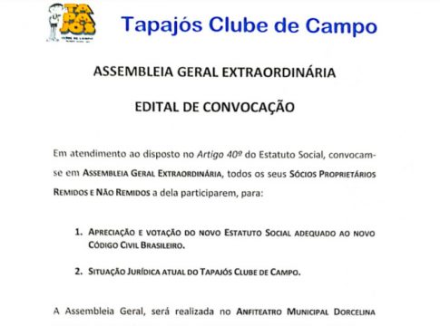 Tapajós Clube de Campo convoca sócios para Assembleia dia 25