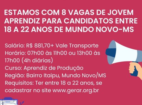 Atenção Jovens entre 18 e 22 anos! Organização Social Gerar está com 5 vagas de emprego
