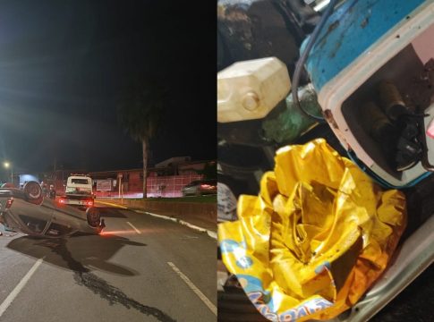 Motorista capota em avenida e abandona carro com latas de cerveja em Campo Grande