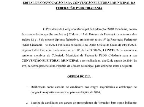 ITAQUIRAÍ: Federação PSDB/CIDADANIA comunica Convenção