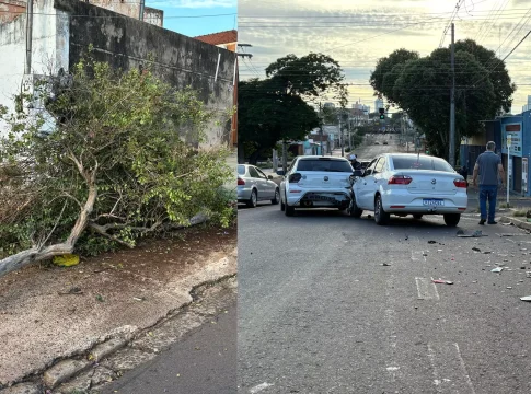 Carro desengatado desce rua, derruba árvore e bate em veículo estacionado na Vila Planalto
