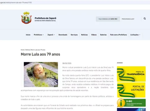 Hackers invadem site da prefeitura de Japorã e publicam fake news sobre morte de Lula