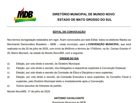 MDB de Mundo Novo convoca filiados para Convenção