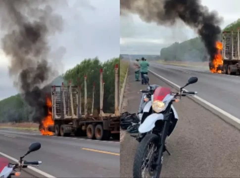 Carreta pega fogo e motociclista salva caminhoneiro em Ribas do Rio Pardo