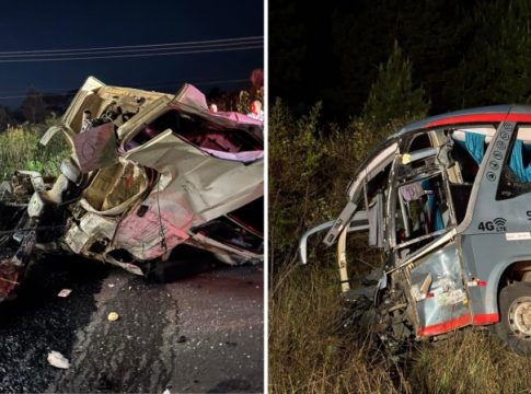 Duas pessoas morrem e 23 ficam feridas em acidente entre ônibus fretado por família e caminhão, no Paraná