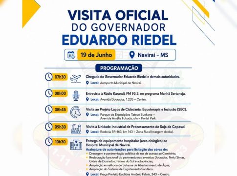Governador Riedel visita Naviraí nesta sexta-feira
