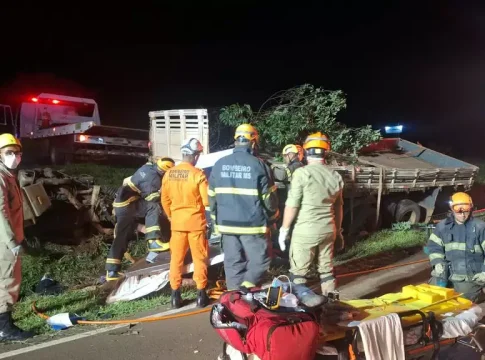 Passageiro morre após caminhão capotar ao passar direto por rotatória